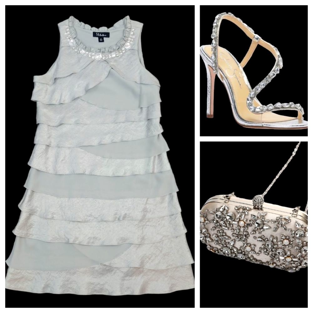 S. L. Fashions Shiny Silver and Grey Tiered Beaded Cocktail Dress Size 12